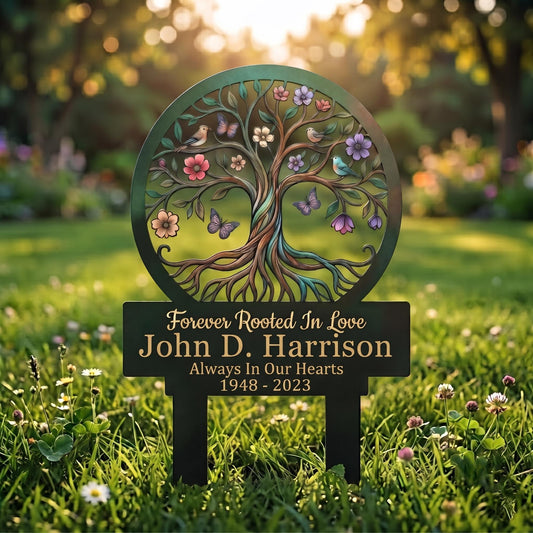 Personalized Memorial Tree Of Life Garden Stake – Custom Name & Date Sign With Birds & Butterflies, Sympathy Gift For Loss Of Loved One