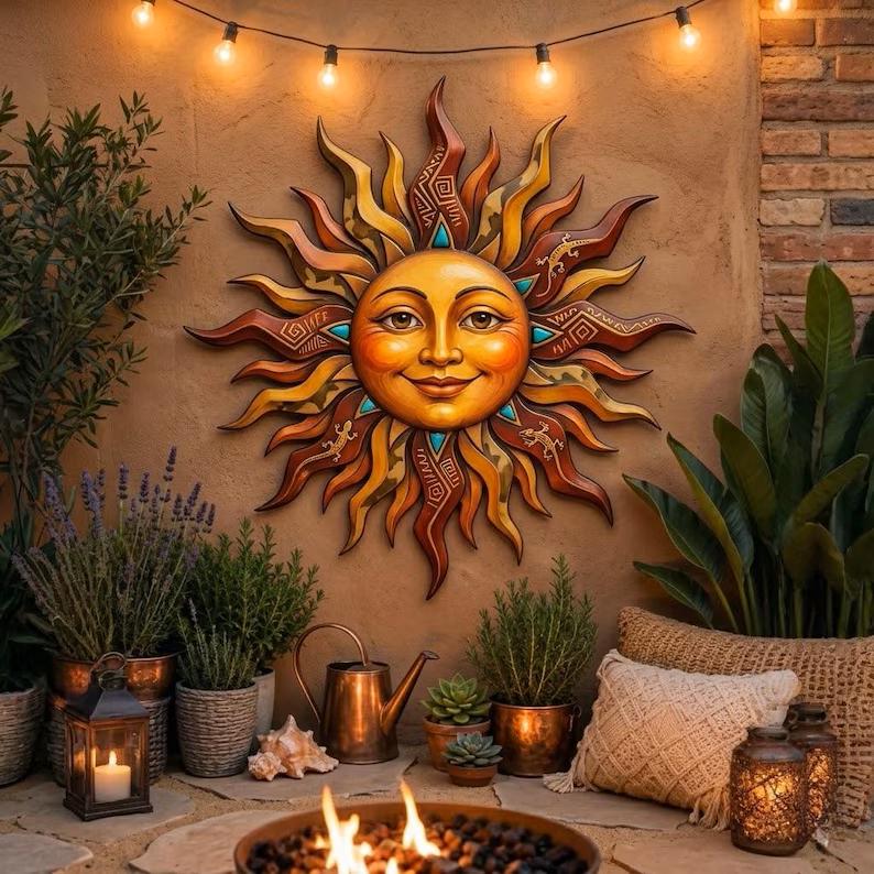 Southwestern Sun Face Metal Wall Art – Boho Celestial Patio Decor, Housewarming Gift