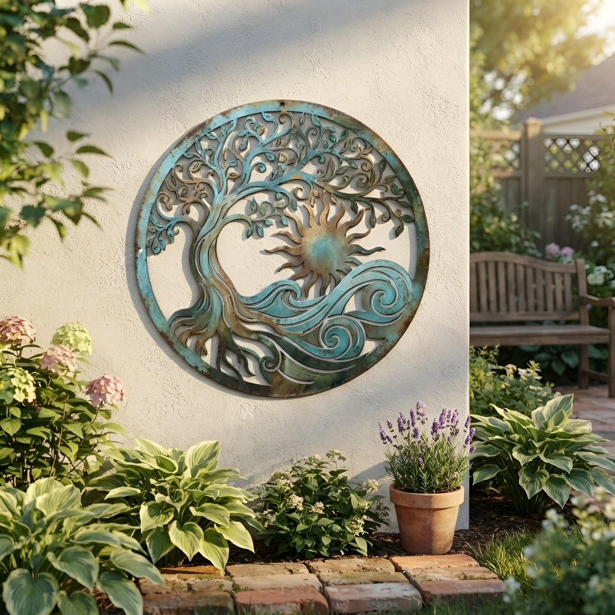 Tree Of Life Metal Wall Art – Sun & Wave Coastal Round Sign, Nature Home Gift
