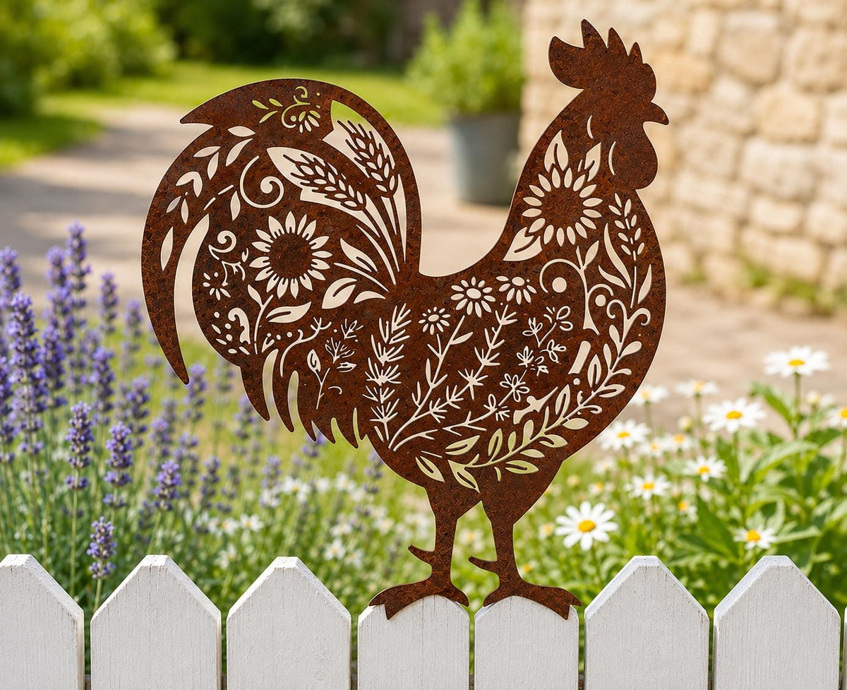 Floral Rooster Metal Garden Decor – Rustic Farmhouse Yard Art, Gift For Chicken Lovers