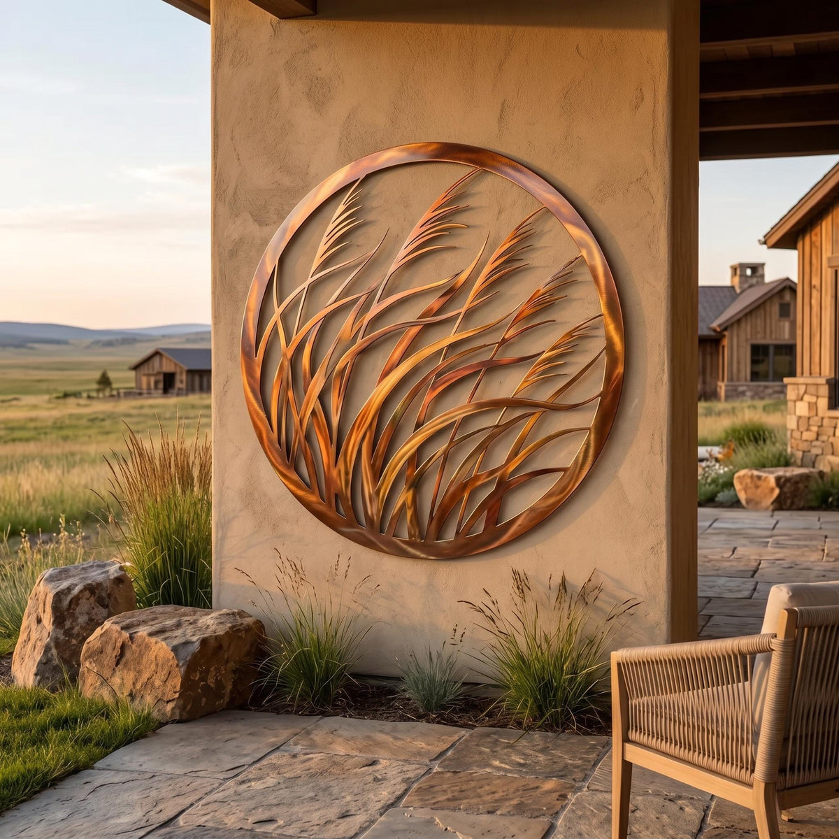 Round Wild Grass Metal Wall Art – Copper Prairie Reeds Patio Decor, Nature Lover Gift