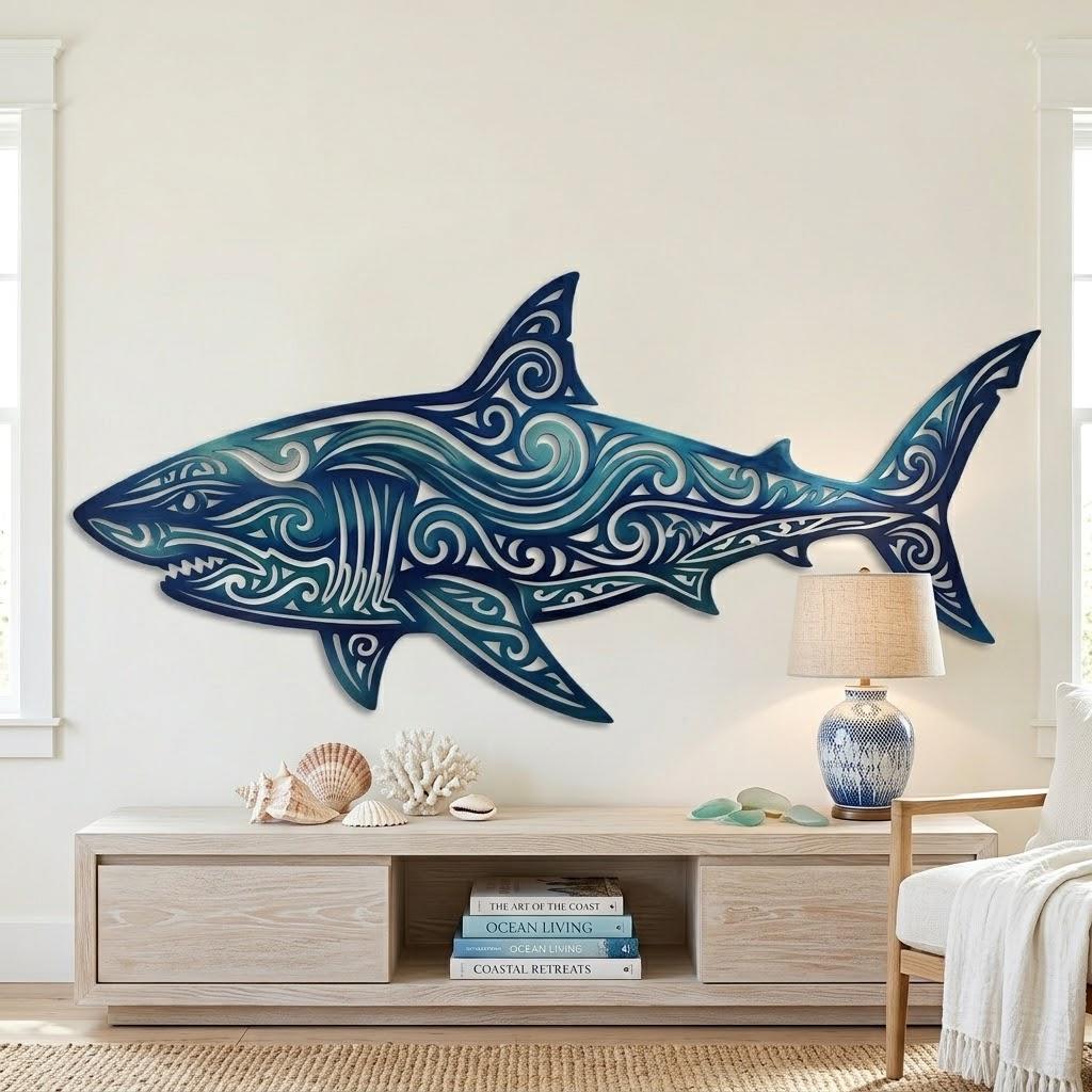 Tribal Wave Shark Metal Wall Art – Blue Coastal Ocean Decor, Beach House Gift