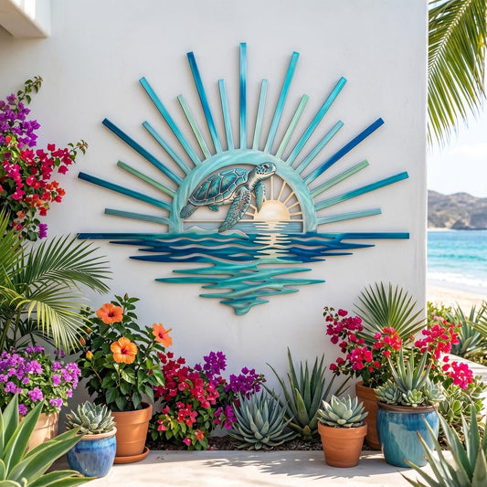 Sea Turtle Metal Wall Art – Coastal Sunset Sunburst Decor, Beach House Gift For Ocean Lovers