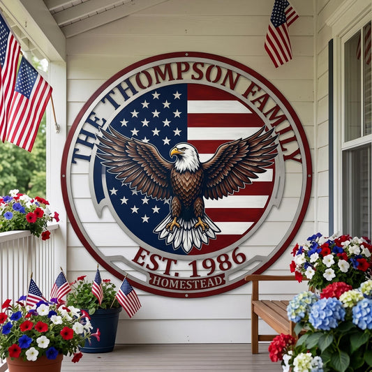 Personalized American Eagle Sign – Custom Family Name Flag Plaque, Patriotic Homestead Gift