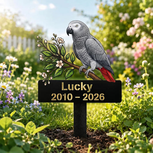 Personalized African Grey Parrot Memorial Stake, Custom Name Bird Grave Marker – Pet Bird Loss Gift, Floral Branch Decor