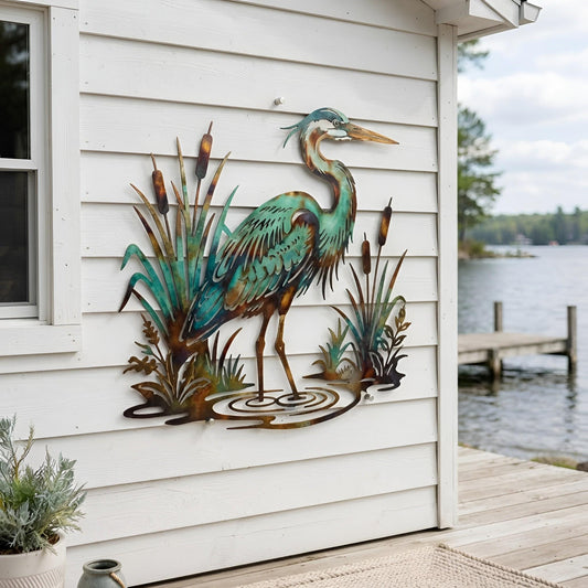 Great Blue Heron Metal Wall Art – Cattails Wetland Sign, Gift For Lake House Lover