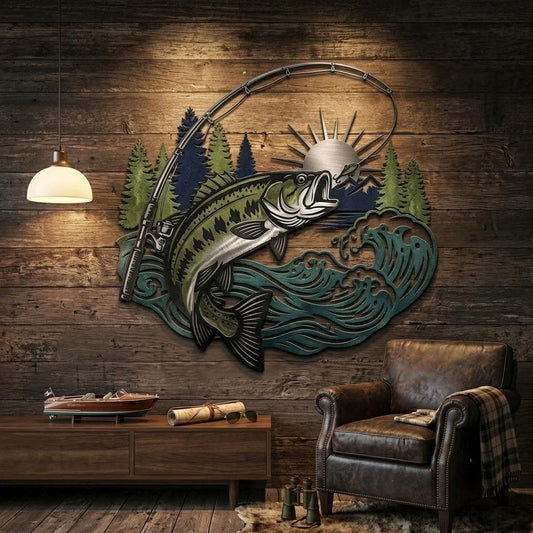 Bass Fishing Metal Wall Art – Rustic Lake Cabin Sign, Gift For Fisherman