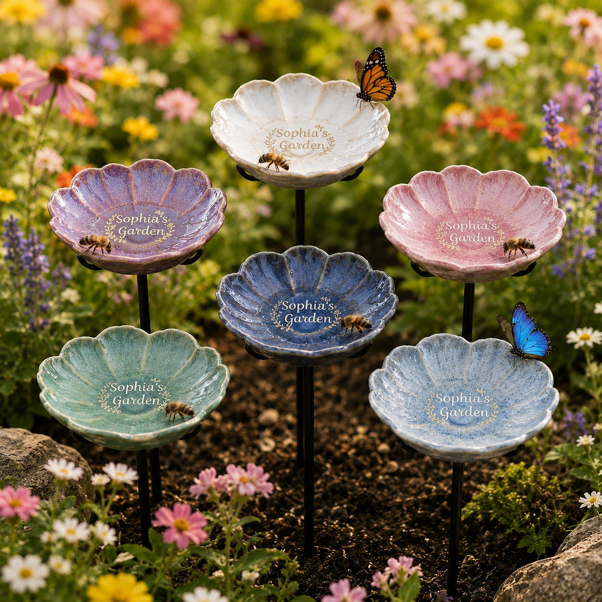 Personalized Bee Waterer Garden Stake – Custom Name Ceramic Flower Water Station, Gift For Bee Lover