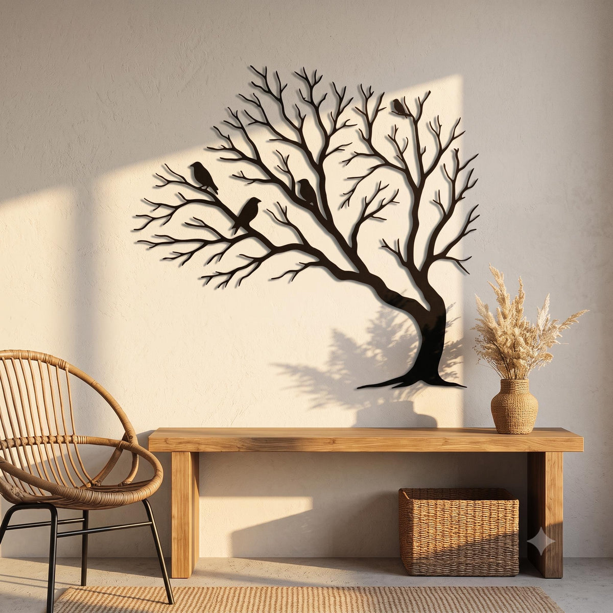 Modern Metal Wall Art Tree Of Life, Bonsai Tree Silhouette, Large Birds On Branch Decor, Japandi Nature Inspired Living Room Hanging