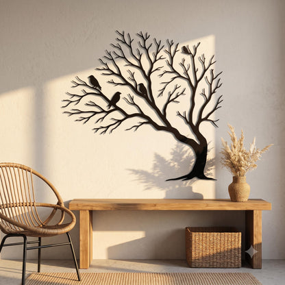Modern Metal Wall Art Tree Of Life, Bonsai Tree Silhouette, Large Birds On Branch Decor, Japandi Nature Inspired Living Room Hanging