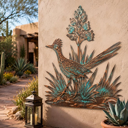 Roadrunner Desert Agave Metal Wall Art – Patina Southwestern Bird Decor, Housewarming Gift