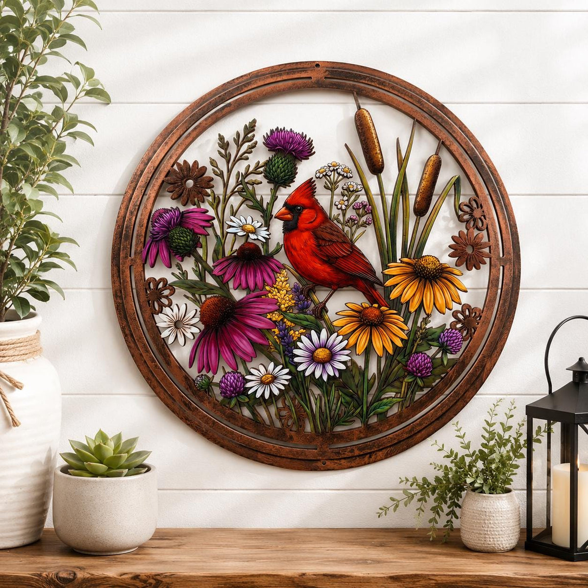 Cardinal Metal Wall Art – Round Wildflower Meadow Bird Decor, Gift For Bird Lover