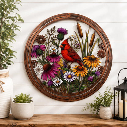 Cardinal Metal Wall Art – Round Wildflower Meadow Bird Decor, Gift For Bird Lover