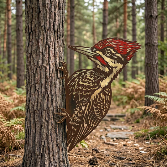 Peeking Woodpecker Metal Tree Decor – Whimsical Bird Yard Art, Nature Lover Gift