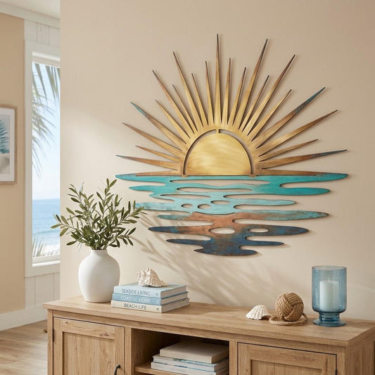 Sunset Sunburst Ocean Wave Metal Wall Art – Coastal Beach House Sign, Gift For Beach Lovers