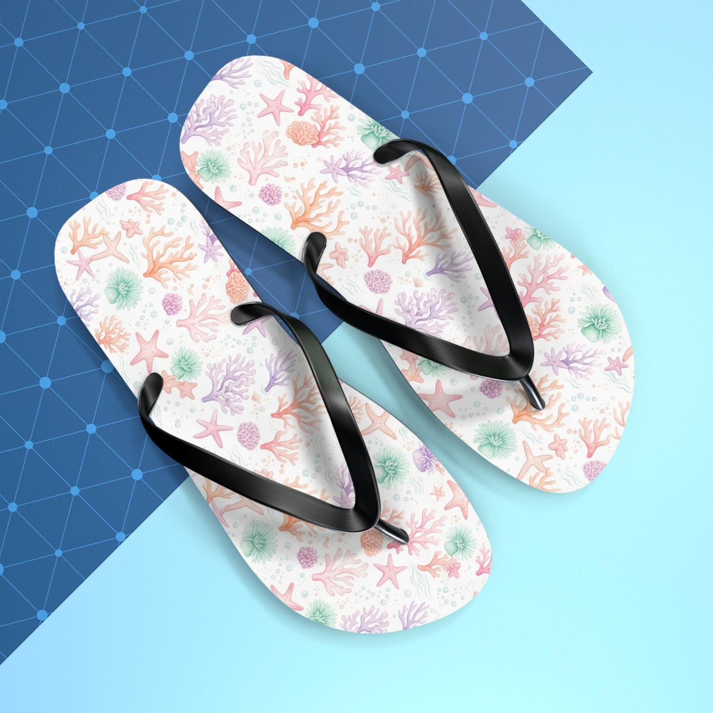 Pastel Seashells Flip Flops — Coral Starfish Beach Pattern Sandals