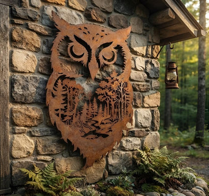 Rustic Owl Forest Scene Metal Wall Art – Woodland Silhouette Cabin Decor, Gift For Nature Lover