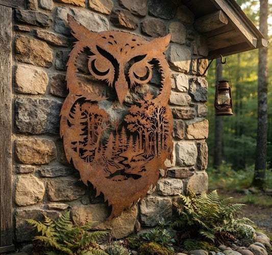 Rustic Owl Forest Scene Metal Wall Art – Woodland Silhouette Cabin Decor, Gift For Nature Lover