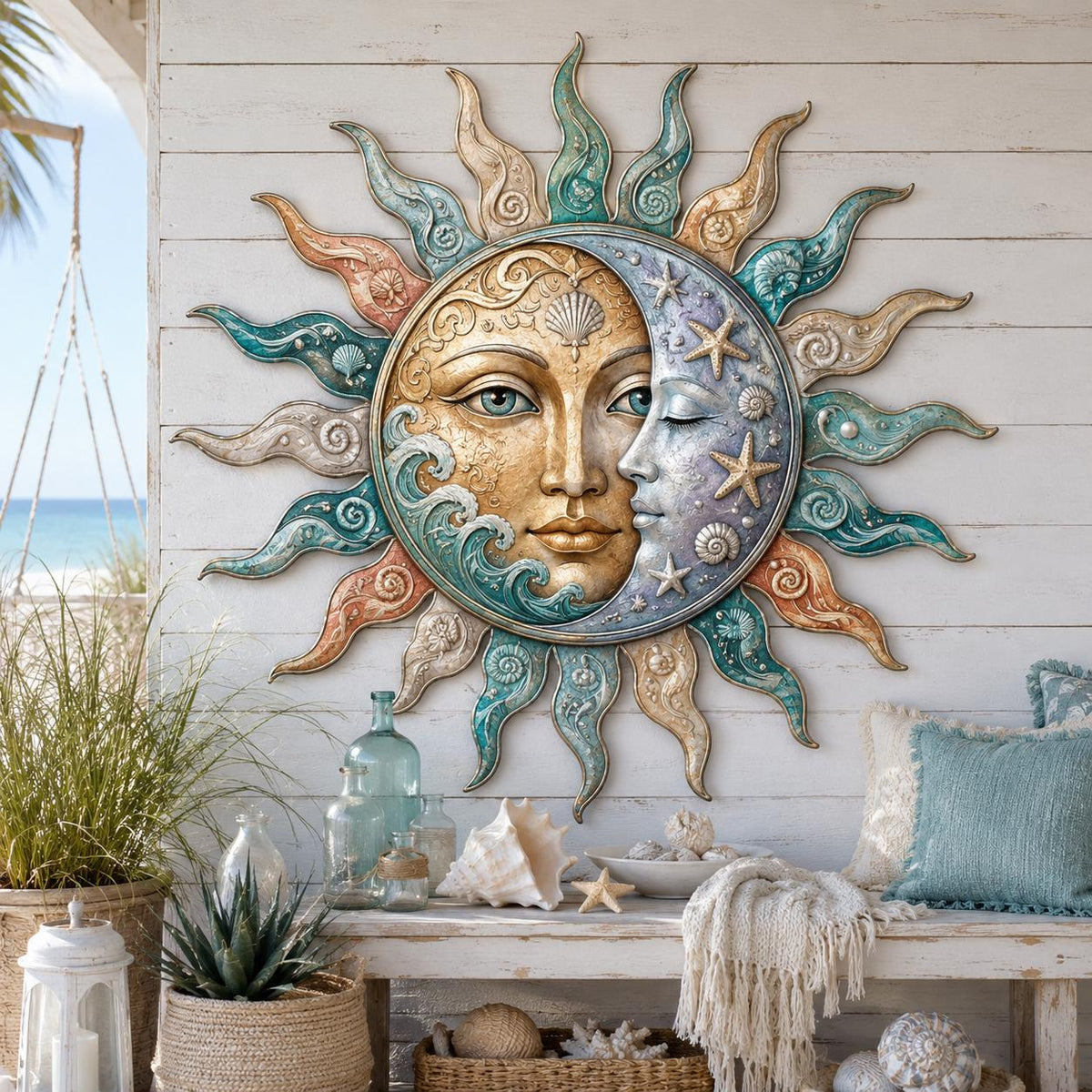 Sun & Moon Metal Wall Art – Coastal Celestial Seashell Decor, Beach House Gift