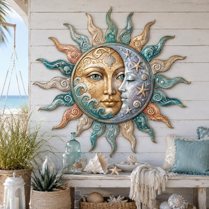 Sun & Moon Metal Wall Art – Coastal Celestial Seashell Decor, Beach House Gift