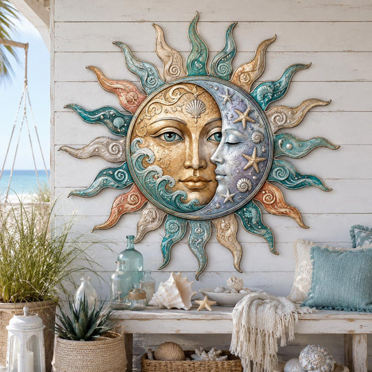 Sun & Moon Metal Wall Art – Coastal Celestial Seashell Decor, Beach House Gift