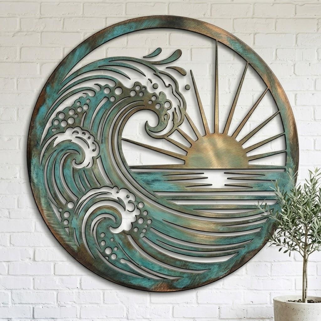 Ocean Wave Metal Wall Art – Round Coastal Sunset Wall Decor, Gift For Beach House Lovers