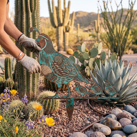 Quail Family Metal Garden Stake – Southwestern Desert Bird Art, Gift For Bird Lovers