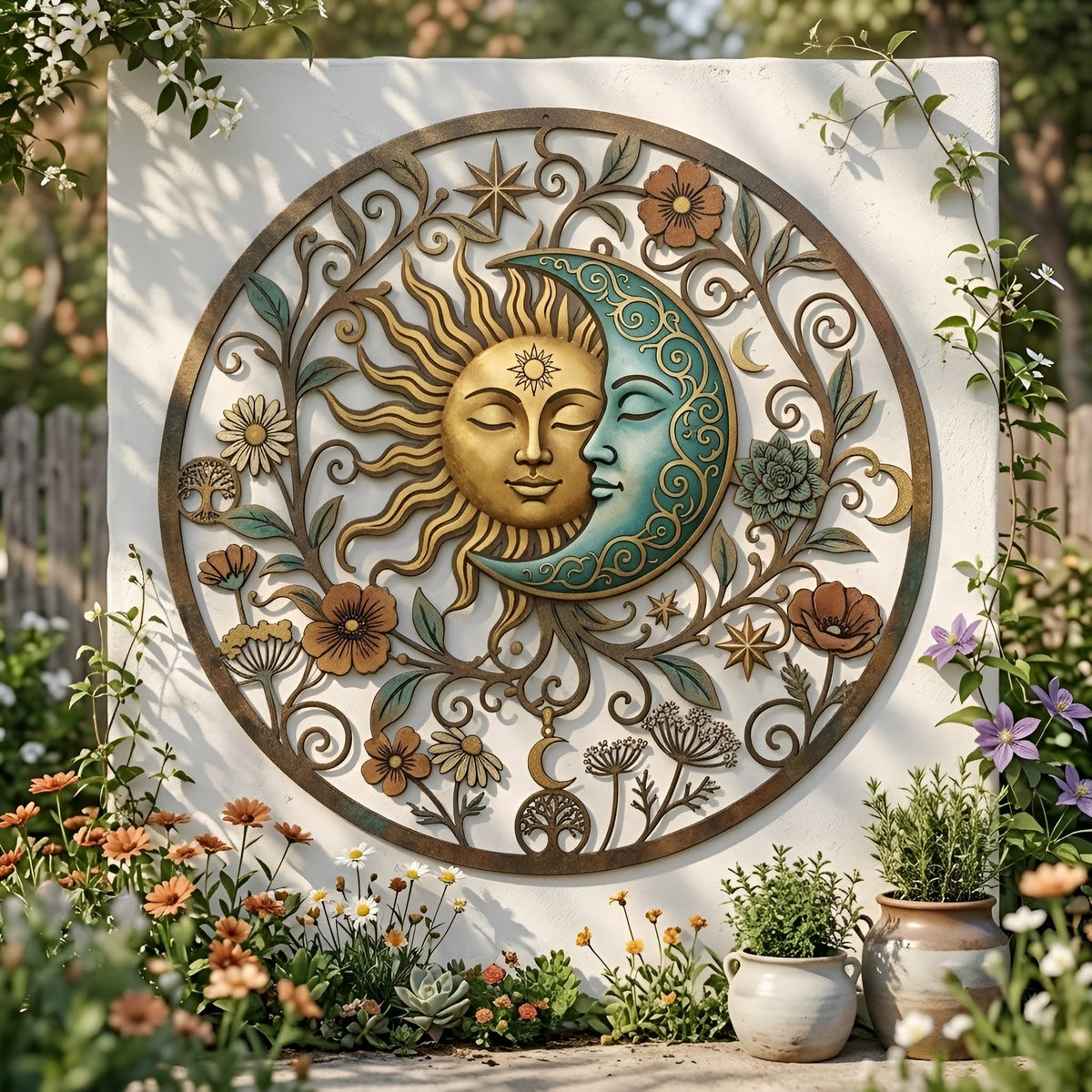 Sun & Moon Metal Wall Art – Ornate Celestial Floral Garden Decor, Boho Gift