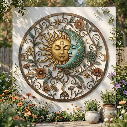 Sun & Moon Metal Wall Art – Ornate Celestial Floral Garden Decor, Boho Gift