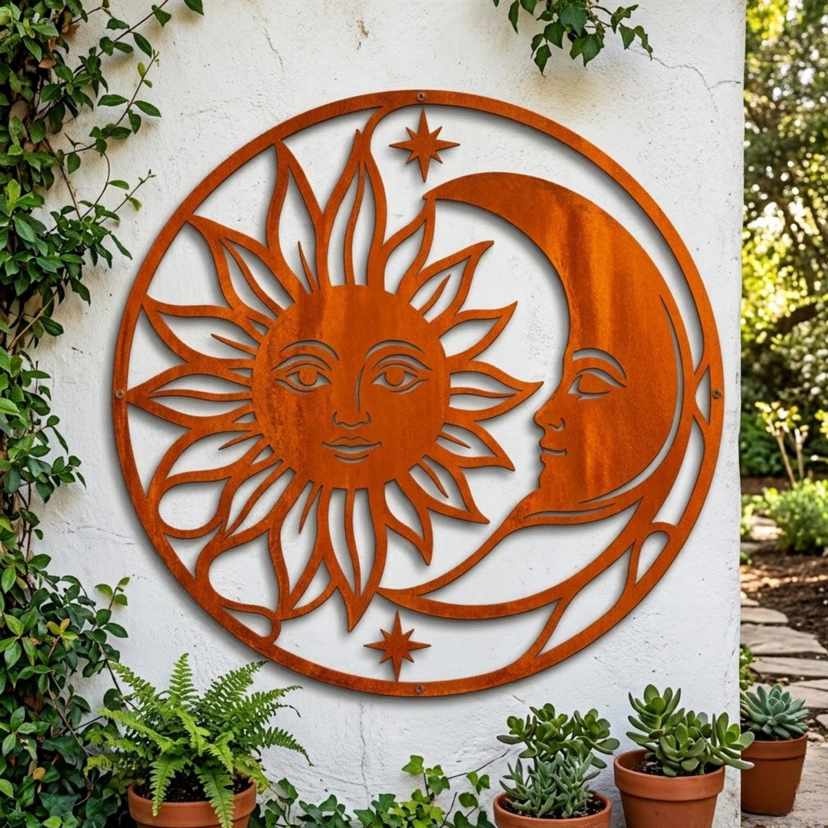 Sun & Moon Metal Wall Art – Rustic Celestial Round Sign, Outdoor Wall Decor Gift