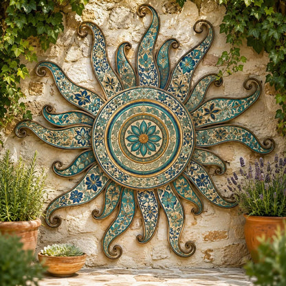 Chinoiserie Sun Metal Wall Art – Blue Floral Mediterranean Decor, Gift For Garden Patio Lovers