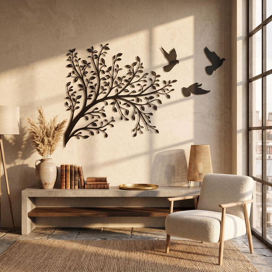 Large Metal Tree Wall Art With Flying Birds, Modern Branch Wall Decor, Botanical Living Room Over Sofa Sign, Luxury Nature Silhouette