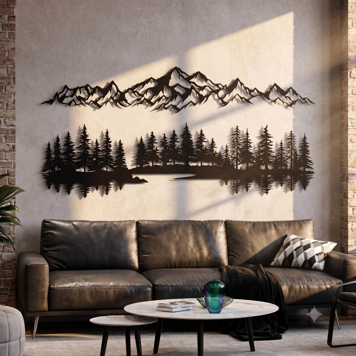 Mountain Metal Wall Art Set, Pine Forest Reflection Decor, Large Wilderness Landscape Silhouette, Modern Rustic Living Room Wall Hanging