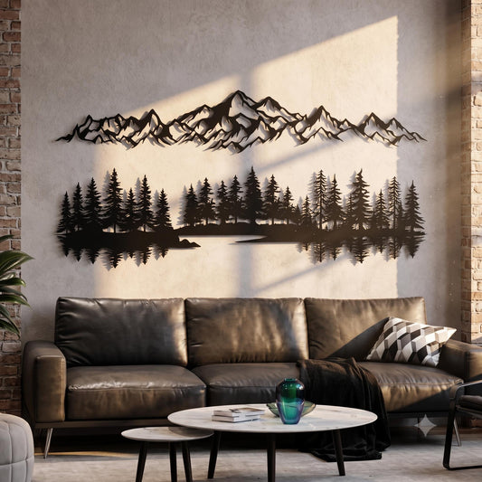 Mountain Metal Wall Art Set, Pine Forest Reflection Decor, Large Wilderness Landscape Silhouette, Modern Rustic Living Room Wall Hanging