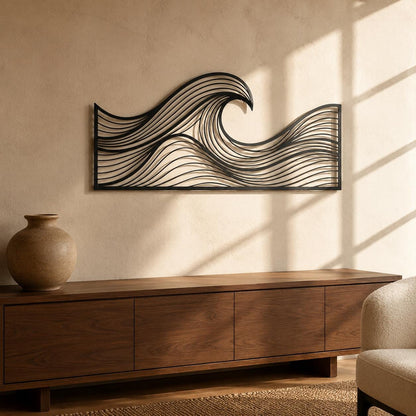 Metal Ocean Wave Wall Art, Abstract Sea Wave Decor, Modern Liquid Line Sculpture, Large Living Room Over Sofa Hanging Sign, Coastal Art