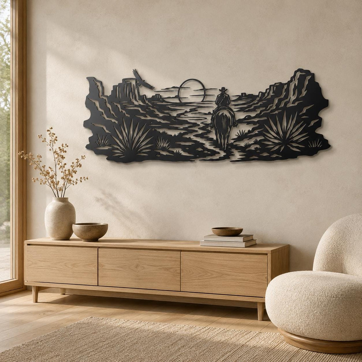 Western Metal Wall Art, Cowboy Silhouette Decor, Desert Landscape Sign, Rustic Country Wall Hanging, Large Living Room Over Sofa Art