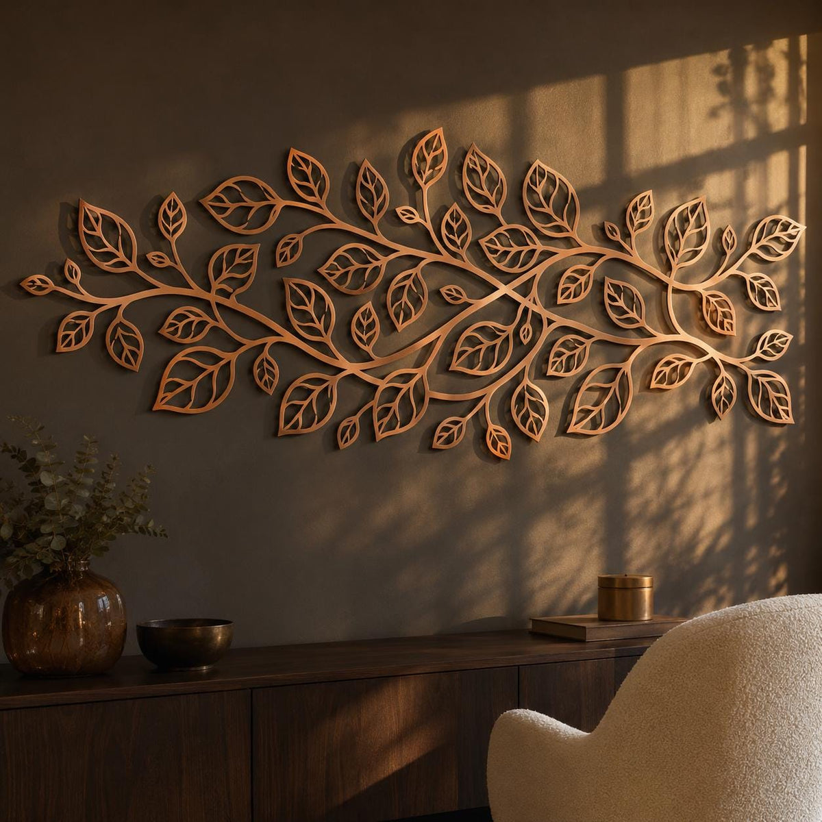 Metal Leaf Branch Wall Art, Botanical Vine Wall Decor, Modern Nature Silhouette, Large Luxury Living Room Over Sofa Hanging Sculpture