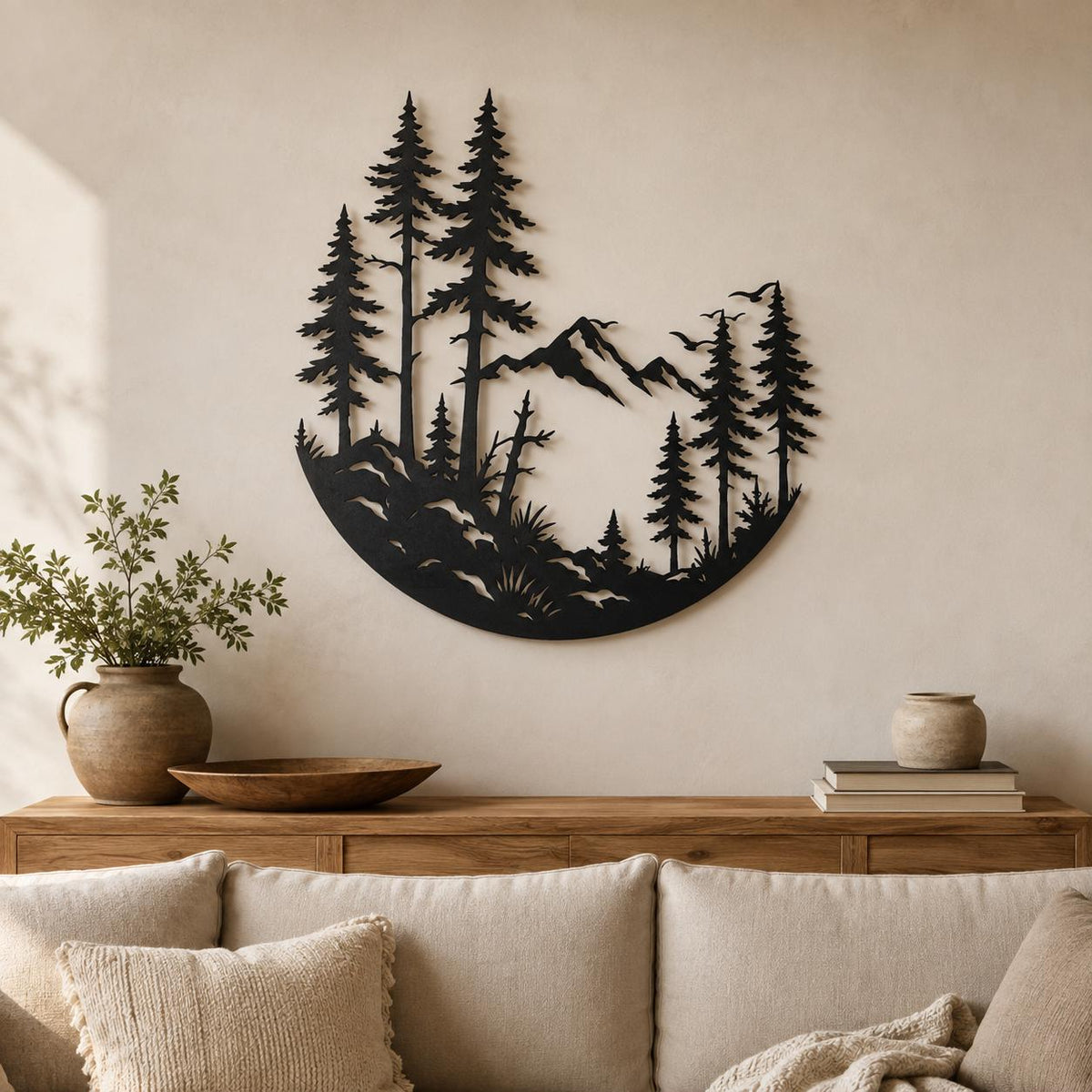 Metal Pine Forest Wall Art, Round Mountain Silhouette Decor, Nature Landscape Wall Hanging, Large Living Room Over Sofa Sculpture