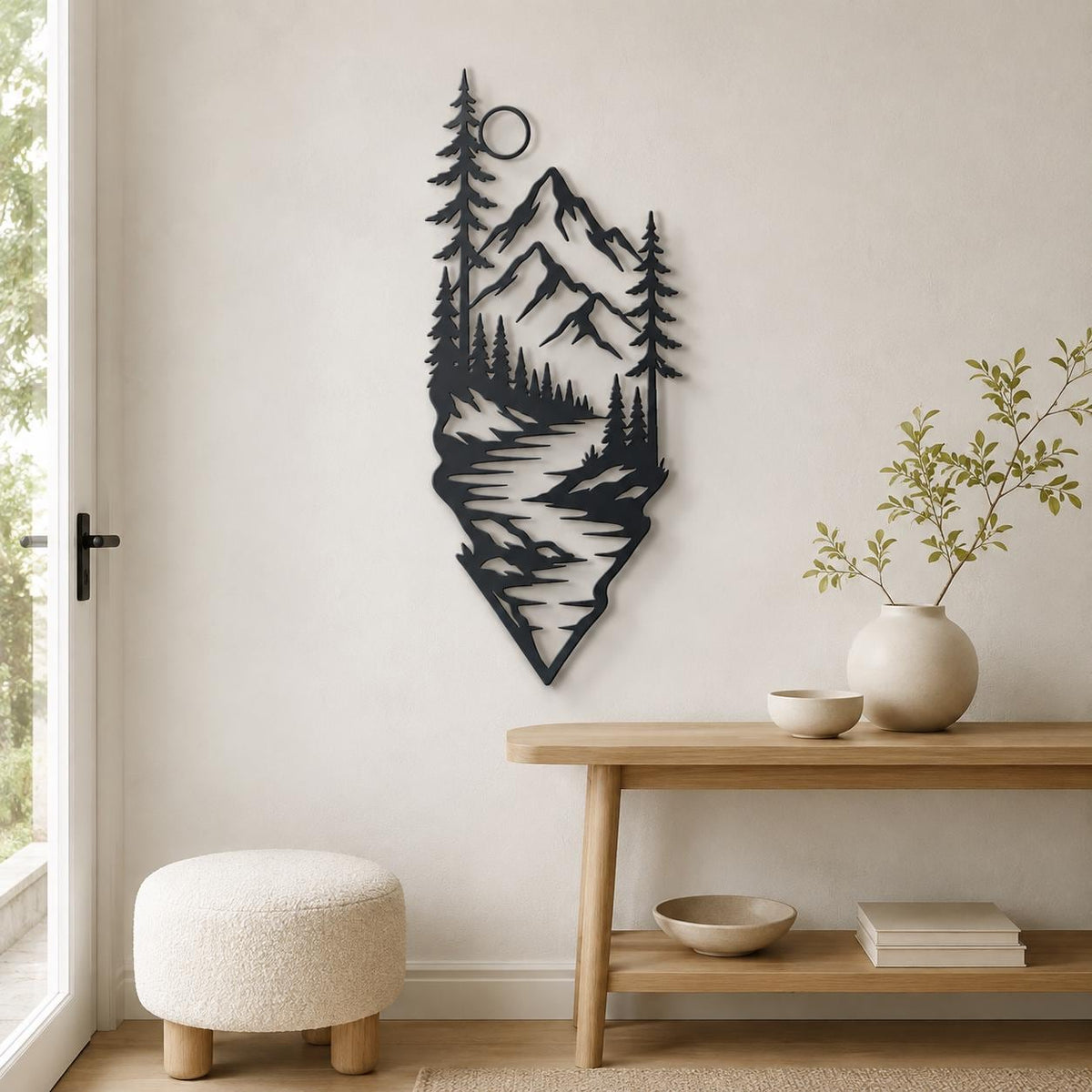 Metal Mountain Wall Art, Pine Tree Forest Decor, Vertical River Landscape Sign, Modern Nature Wall Hanging, Luxury Bedroom Sculpture