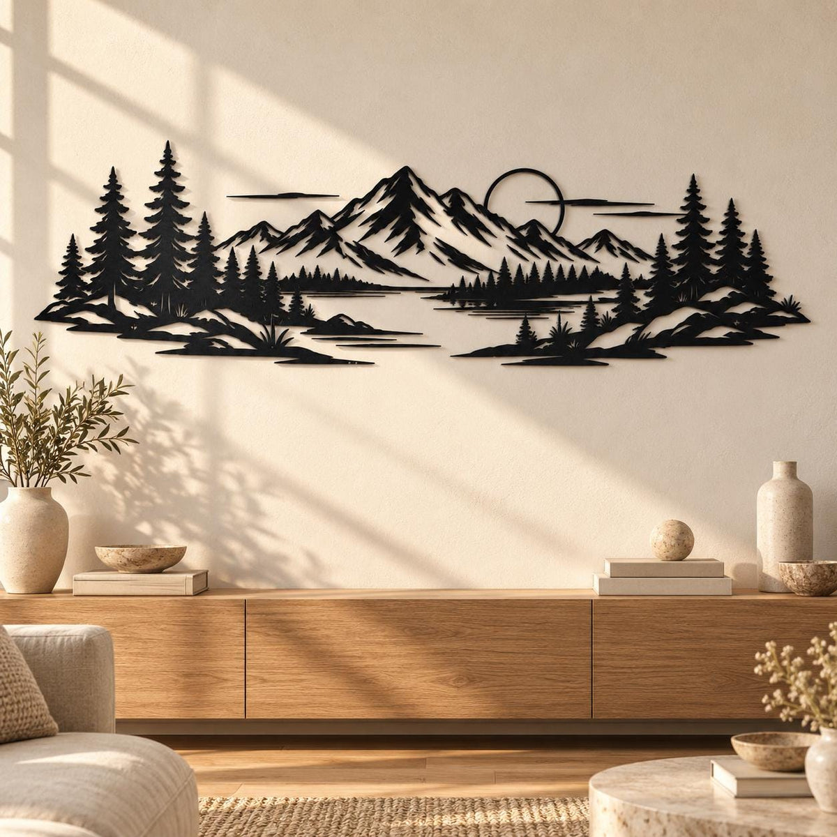 Metal Mountain Wall Art, Pine Forest Landscape Decor, Wide Sunset Nature Silhouette, Large Living Room Over Sofa Hanging Sculpture