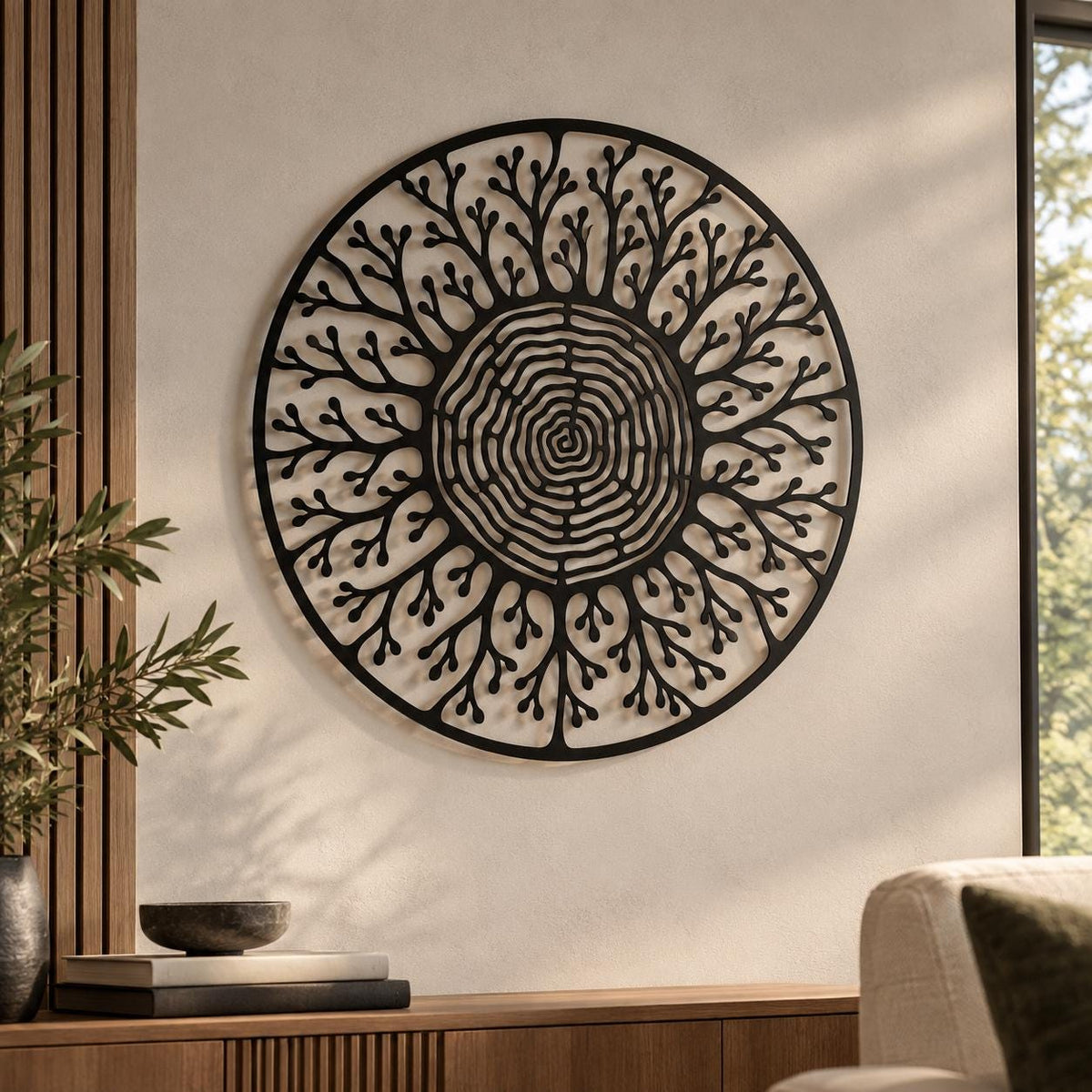 Metal Tree Rings Wall Art, Round Wood Grain Decor, Botanical Nature Silhouette, Large Living Room Over Sofa Hanging Sculpture