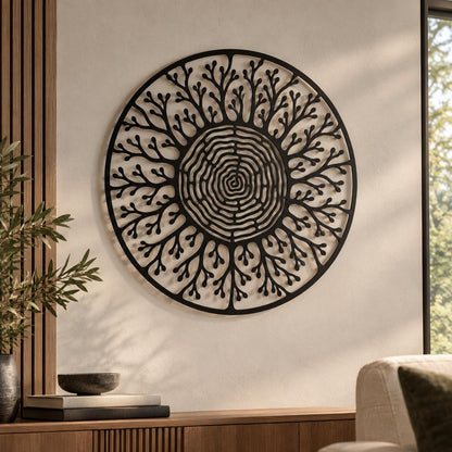 Metal Tree Rings Wall Art, Round Wood Grain Decor, Botanical Nature Silhouette, Large Living Room Over Sofa Hanging Sculpture