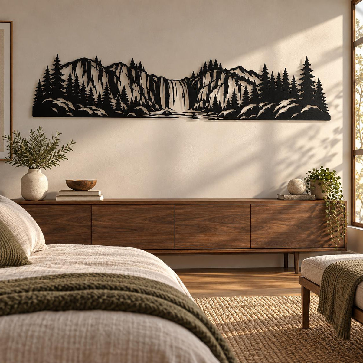 Metal Mountain Waterfall Wall Art, Pine Forest Landscape Decor, Wide Nature Silhouette, Large Living Room Over Sofa Hanging Sculpture