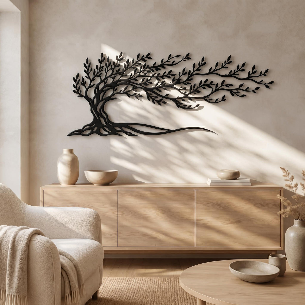 Metal Tree Wall Art, Large Windblown Tree Decor, Organic Landscape Silhouette, Modern Living Room Wall Hanging, Wide Nature Metal Sculpture