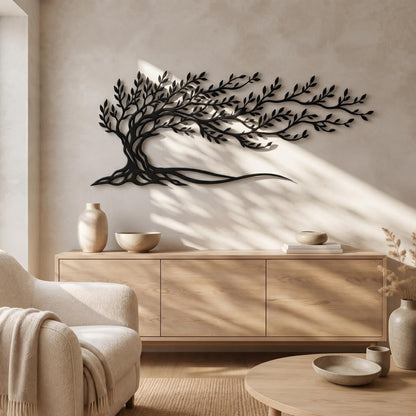 Metal Tree Wall Art, Large Windblown Tree Decor, Organic Landscape Silhouette, Modern Living Room Wall Hanging, Wide Nature Metal Sculpture