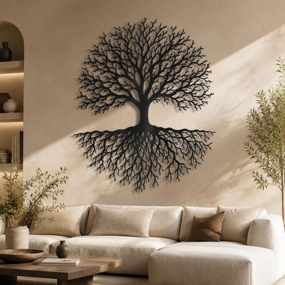 Metal Tree Of Life Wall Art, Large Roots And Branches Decor, Round Nature Silhouette, Modern Living Room Over Sofa Hanging Sculpture
