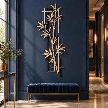 Gold Metal Bamboo Wall Art, Botanical Rectangular Decor, Zen Minimalist Vertical Hanging Sign, Modern Office Home Sculpture