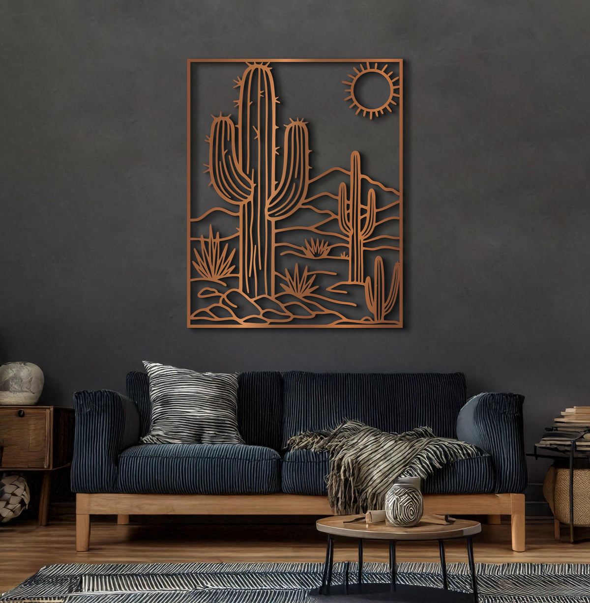 Desert Cactus Metal Wall Art, Southwestern Landscape Cactus Wall Decor, Modern Nature Metal Wall Hanging, Minimalist Black Metal Wall Art