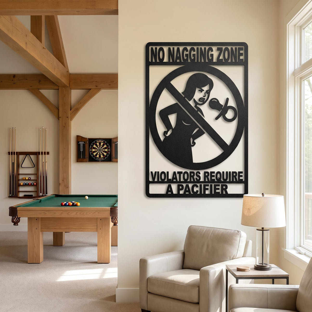 Funny No Nagging Zone Metal Wall Sign, Man Cave Decor (2mm Black Steel)