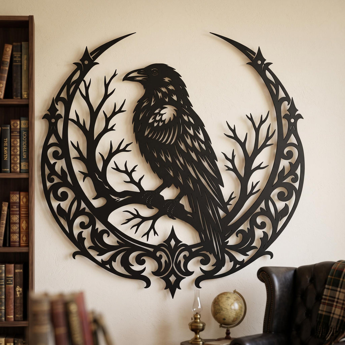 Gothic Raven Metal Wall Art, Victorian Dark Academia Decor, Ornate Frame